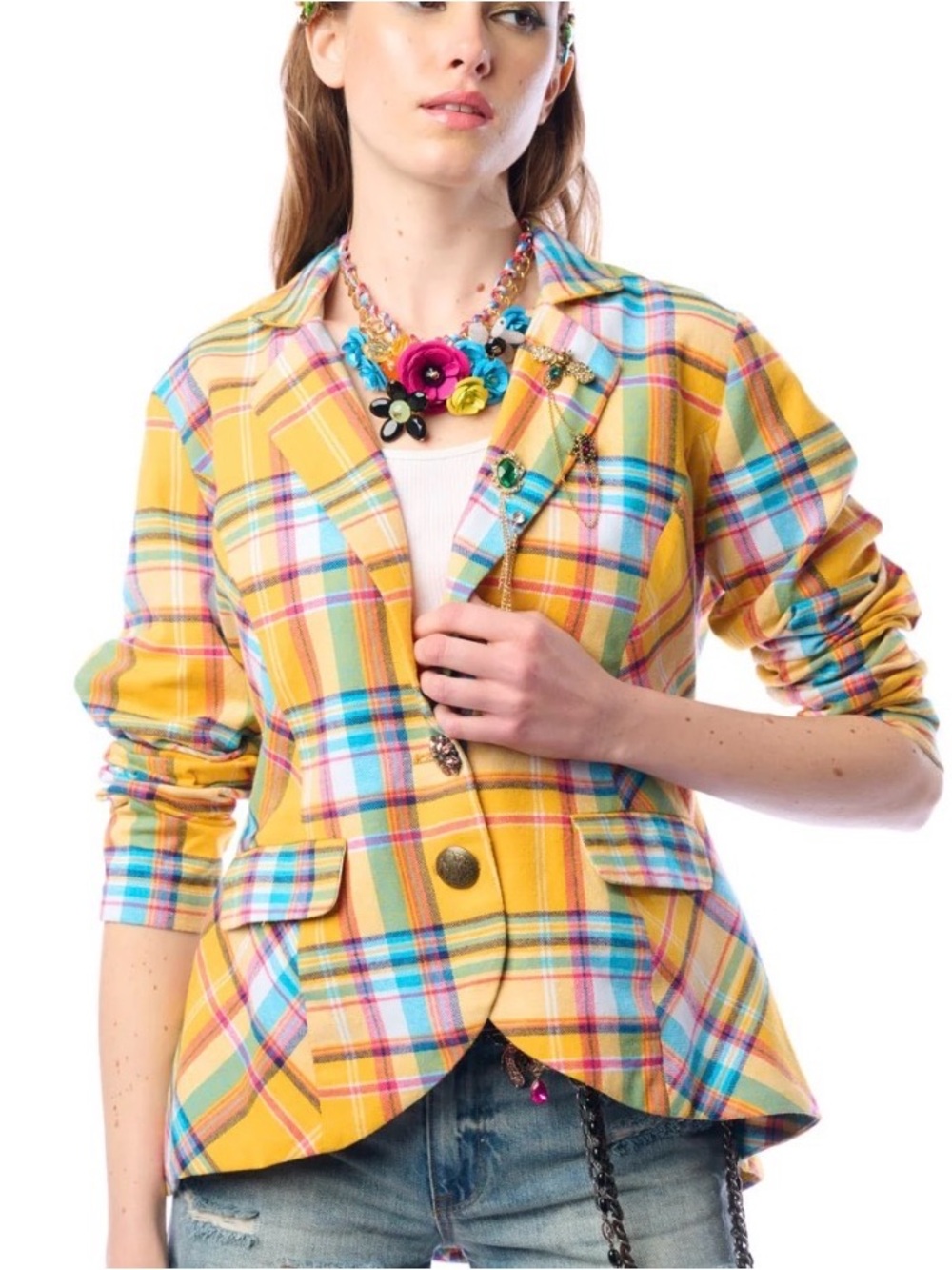 Aratta Women’s Dulce Plaid Blazer with Bee Broach
